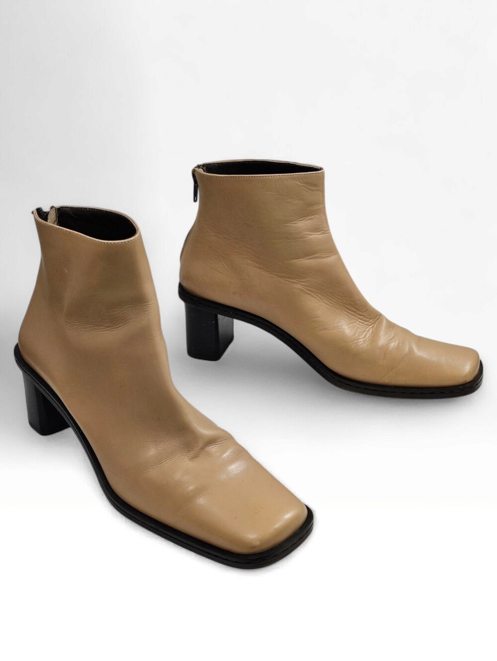 Vintage VIA SPIGA Light Tan Square Toe Block Heel Leather Ankle Boots 7M